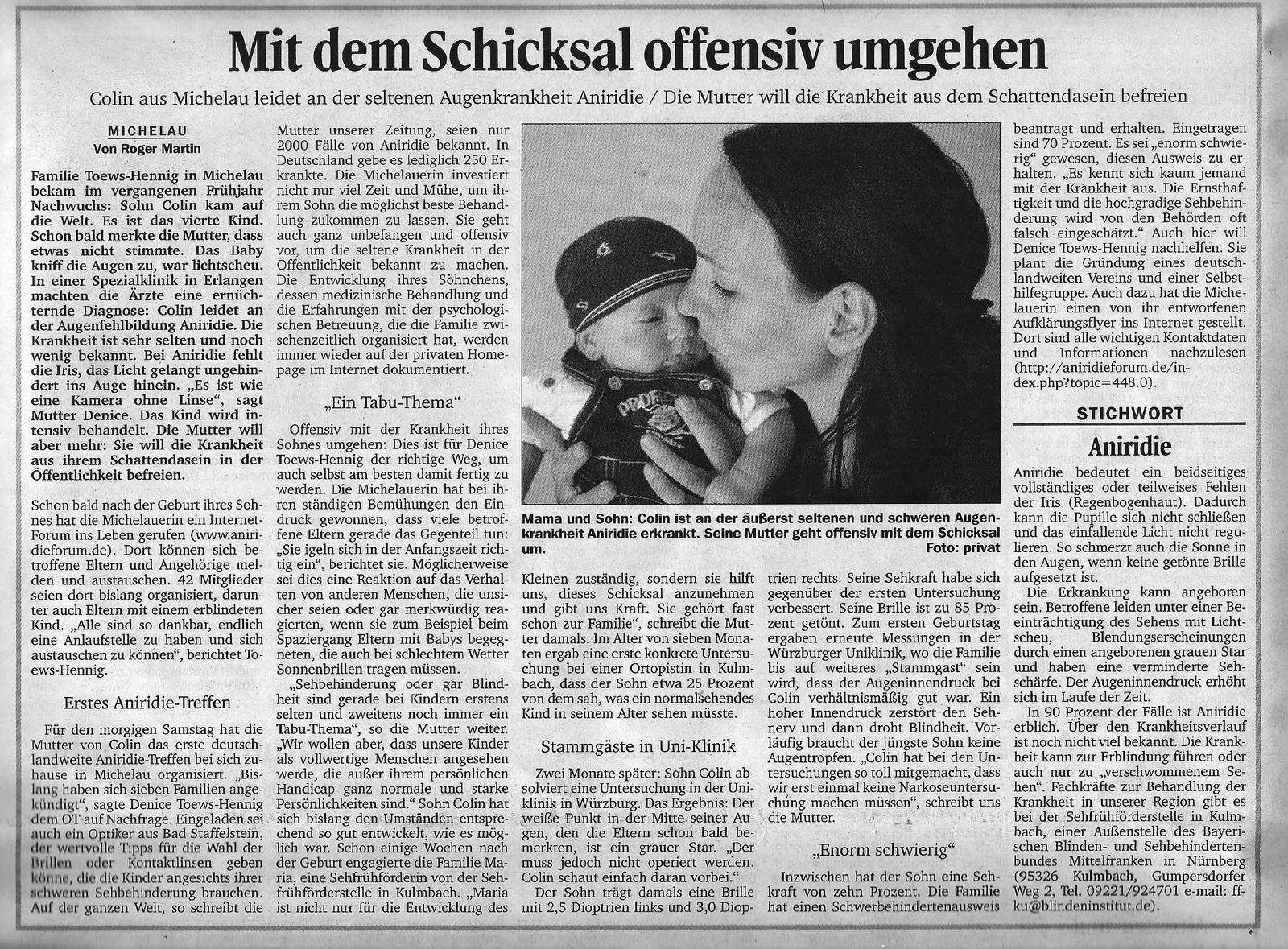 Zeitungsartikel aus dem Jahr 2010 über den AWS Aniridie-Wagr